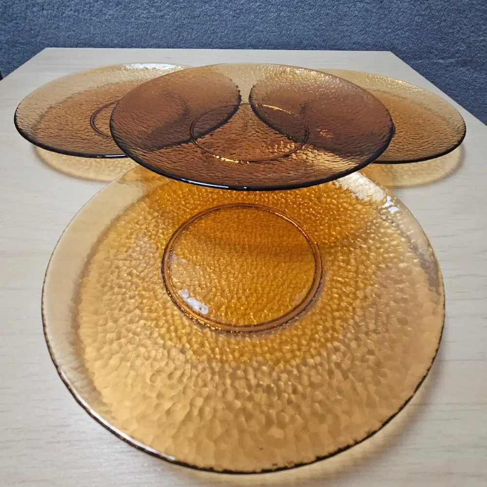 Set of 4 Vintage Amber Glass Salad Plates MCM Pebbled Textured Lunch 8.25